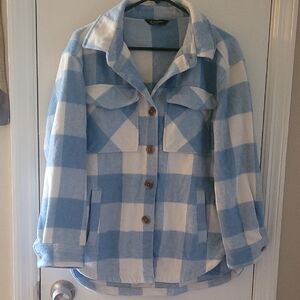 Sherpa-Lined Blue and White Plaid Women's Shacket